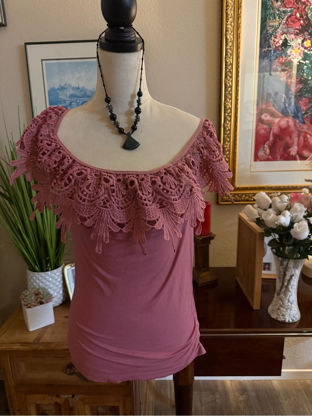 Lace-Trim Off-Shoulder Women's Top - Rose Pink